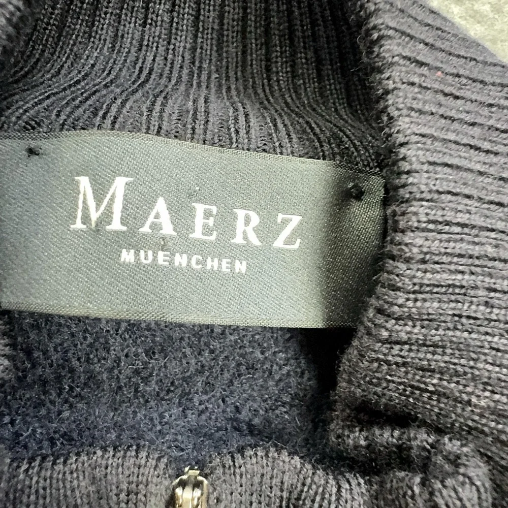 Maerz Sweater Mens 48 Blue Full Zip Mock Neck Virgin Merino Wool Knit Cardigan